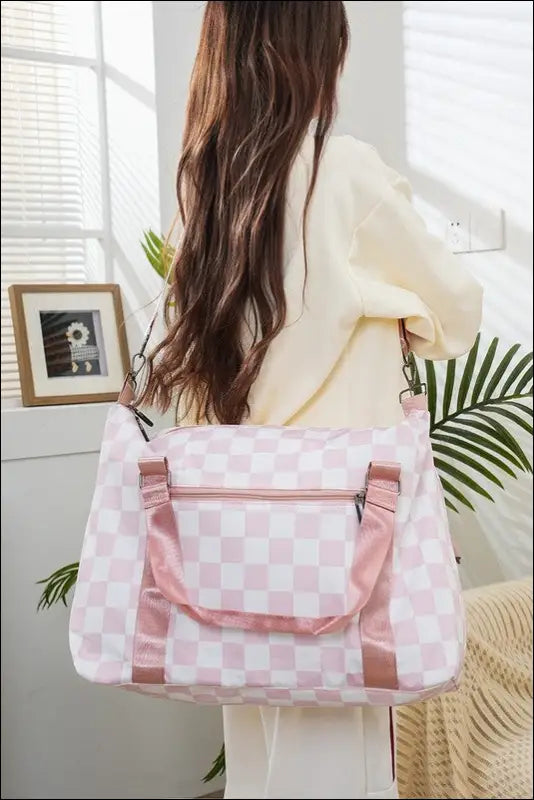 Zenana Checkered Multi-Pocket Travel Bag - Blush Pink / One Size