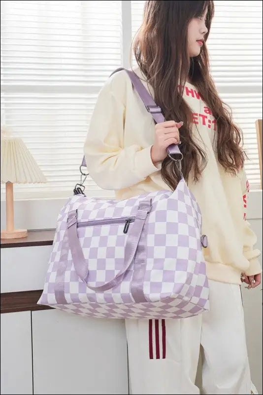 Zenana Checkered Multi-Pocket Travel Bag - Lavender / One Size