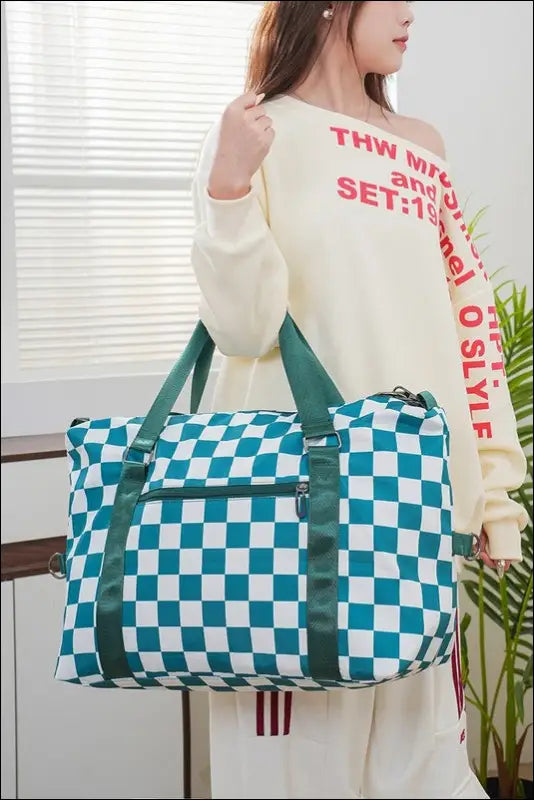 Zenana Checkered Multi-Pocket Travel Bag - Turquoise / One Size