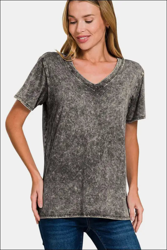 Zenana Full Size Washed Short Sleeve V-Neck T-Shirt - Dark Gray / S