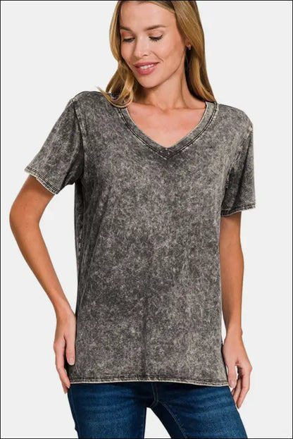 Zenana Full Size Washed Short Sleeve V-Neck T-Shirt - Dark Gray / S