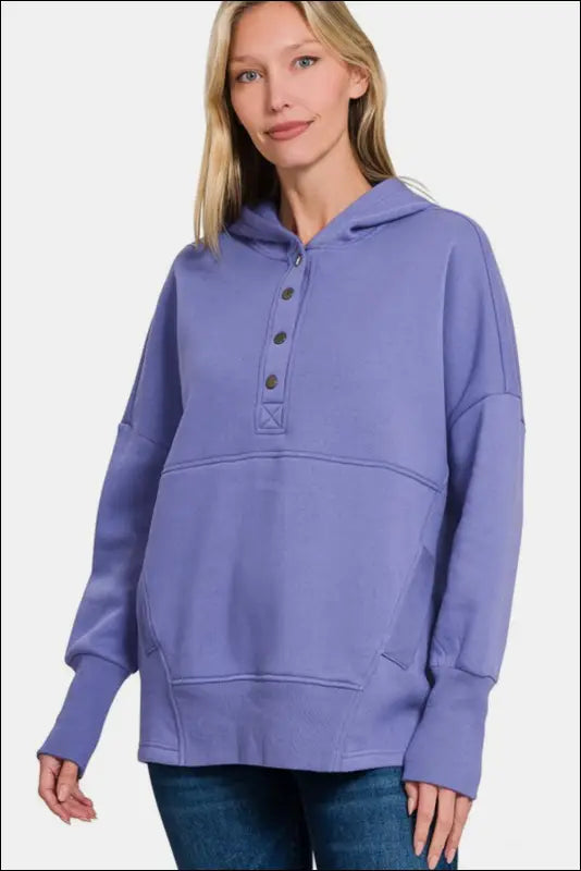 Zenana Half Snap Long Sleeve Hoodie with Kangaroo Pocket - Brushed Hacci Drop Shoulder Cropped