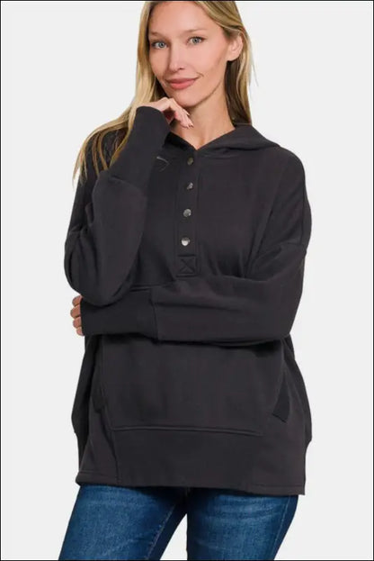Zenana Half Snap Long Sleeve Hoodie with Kangaroo Pocket