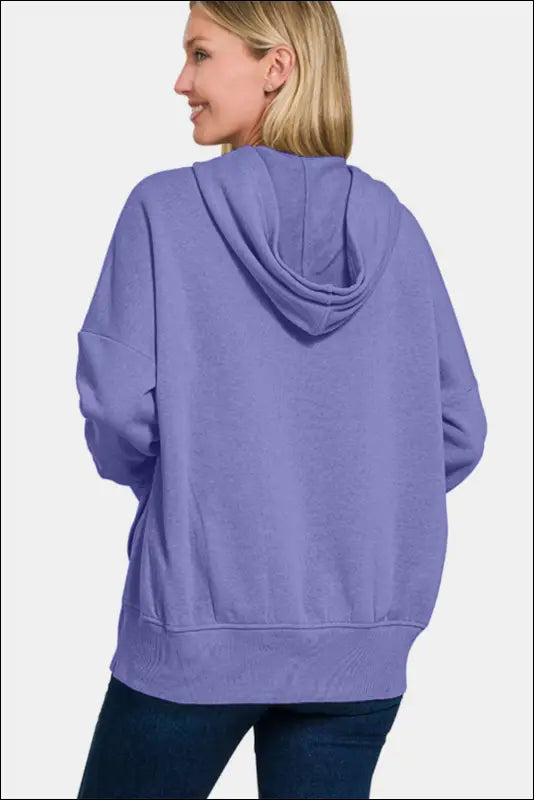 Zenana Half Snap Long Sleeve Hoodie with Kangaroo Pocket - Brushed Hacci Drop Shoulder Cropped