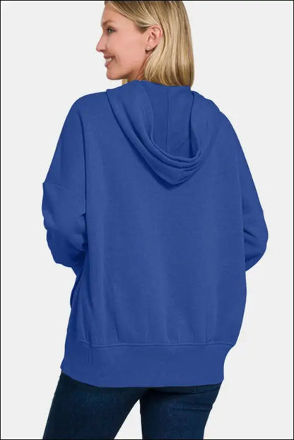 Zenana Half Snap Long Sleeve Hoodie with Kangaroo Pocket - Brushed Hacci Drop Shoulder Cropped