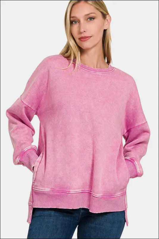 Zenana High-Low Acid Wash Fleece Sweatshirt