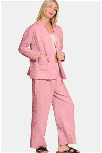 Zenana Quilted Button Up Long Sleeve Top and Pants Lounge Set