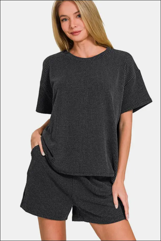 Zenana Rib Short Sleeve T-Shirt and Shorts Set