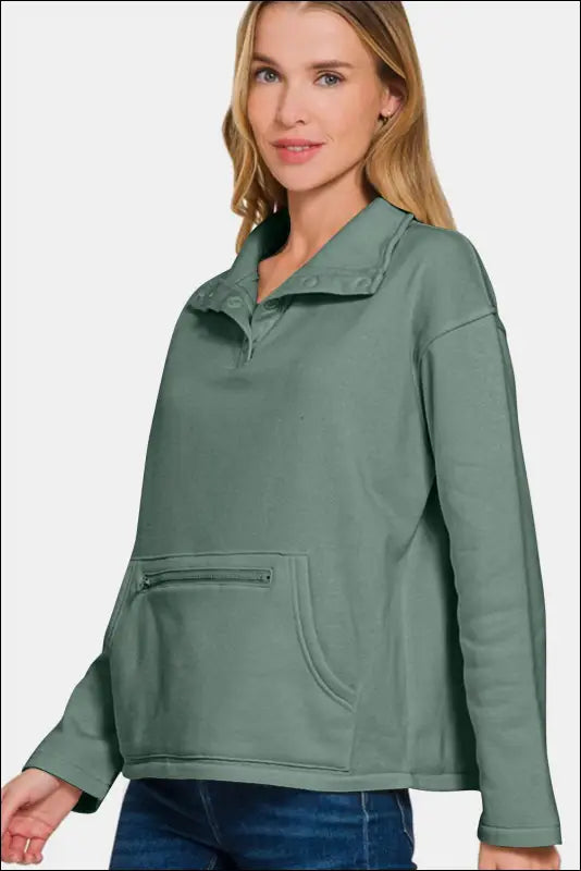 Zenana Turtleneck Half Snap Fleece Sweatshirt