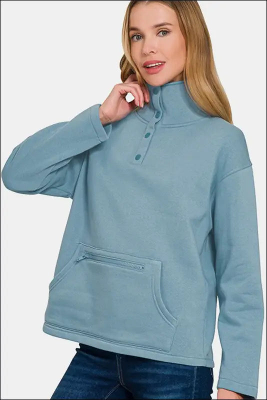 Zenana Turtleneck Half Snap Fleece Sweatshirt