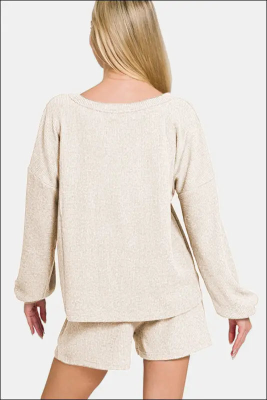 Zenana V-Neck Long Sleeve Ribbed Top and Shorts Set