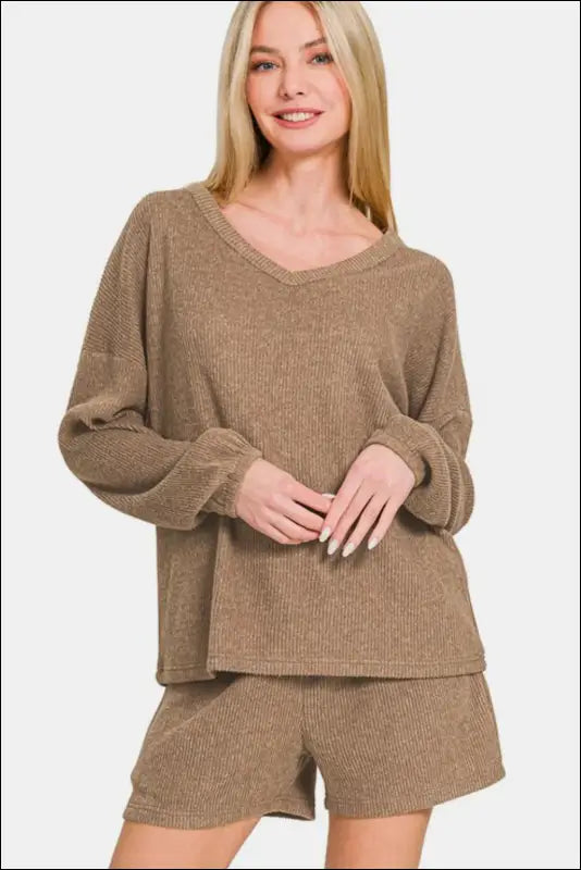 Zenana V-Neck Long Sleeve Ribbed Top and Shorts Set - Brushed Hacci Drop Shoulder Cropped Hoodie