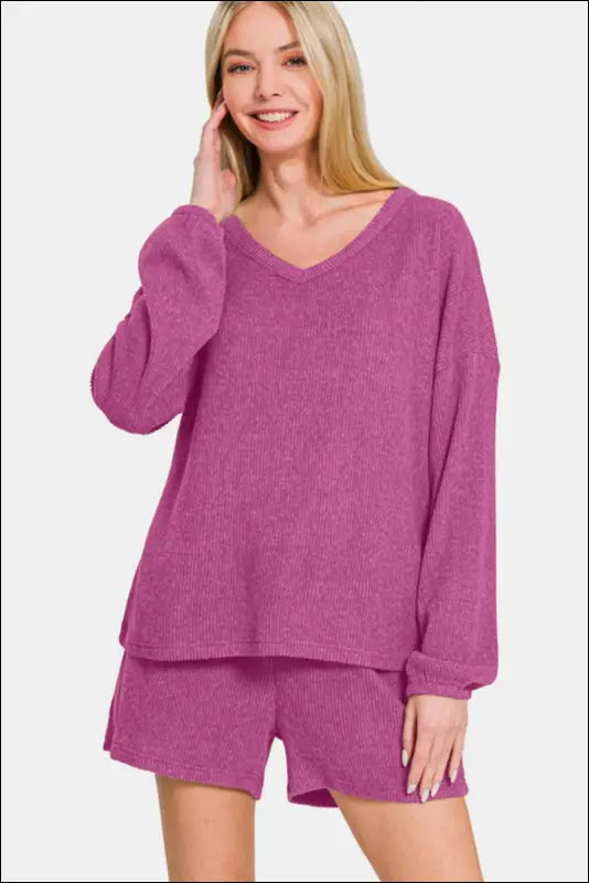 Zenana V-Neck Long Sleeve Ribbed Top and Shorts Set