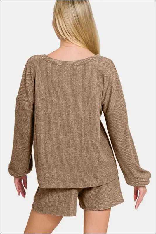 Zenana V-Neck Long Sleeve Ribbed Top and Shorts Set - Brushed Hacci Drop Shoulder Cropped Hoodie