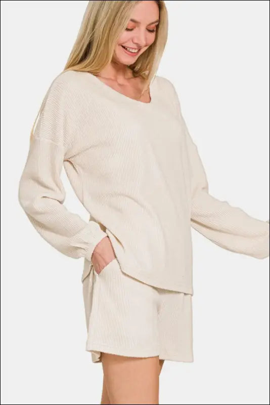Zenana V-Neck Long Sleeve Ribbed Top and Shorts Set